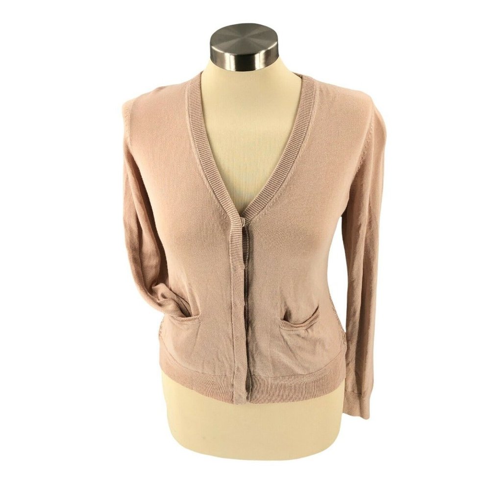 Ann Taylor Womens Blouse Medium Petite Beige Cardigan Lined Lace Snap Button EUC
